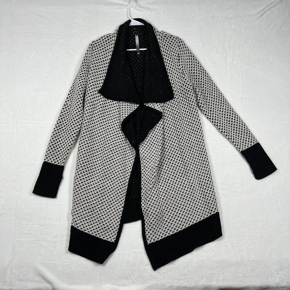 Kensie Waterfall Cardigan Womens Size M Black Cream Open Front Knit Sweater